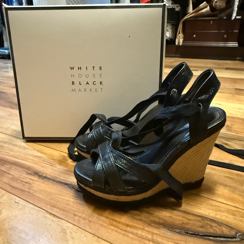 White House Black Market Black and Tan Wedge Sandals